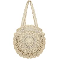  - Bolso Redondo de la Paja Mujeres- Funda Grandes Flores Durchb Raya Webart- Bolsos de Bandolera Verano Hecho a Mano Totes de Playa Ratán Tejidas a Mano Para Estilo Boho Para Viajes- Fechas y Vacaciones
